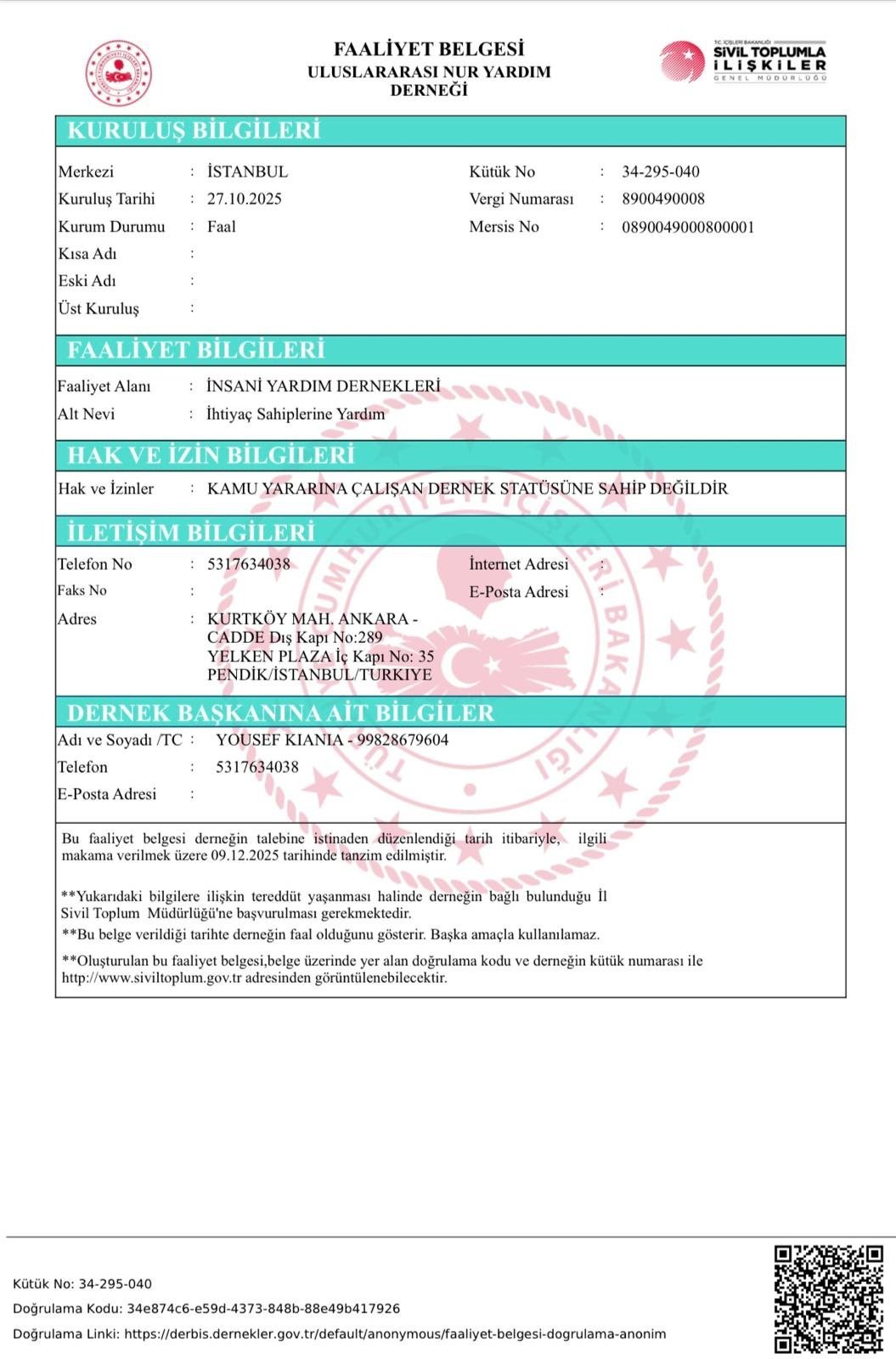 Scanned copy of the document “Original Activity Certificate (Faaliyet Belgesi)”